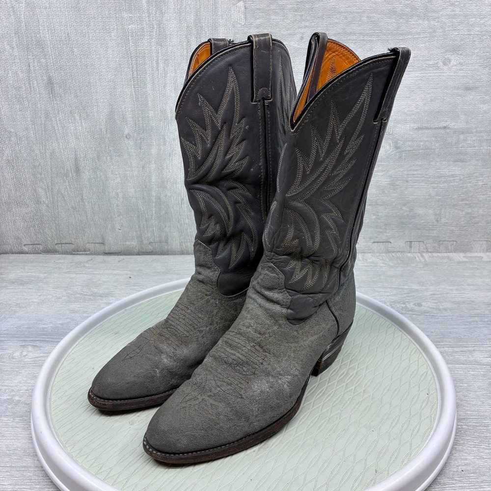 Vintage Double H Western Boots Mens 10.5 Gray Leather Elephant Print Cowboy